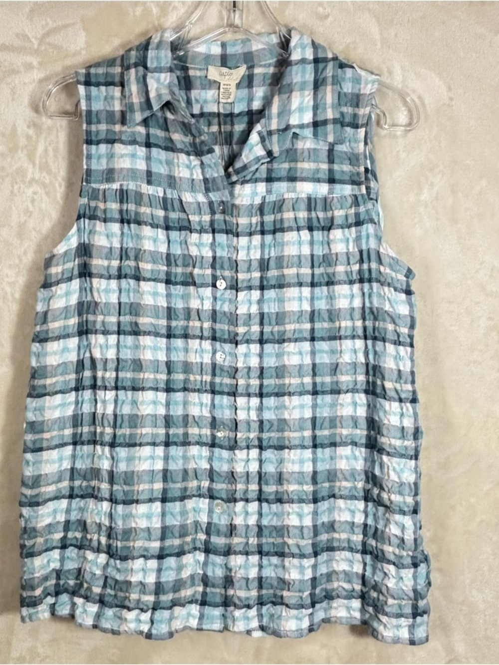 Cupio Women’s Blue Plaid Textured Button-Front Sleeveless Summer Top Size M NWT